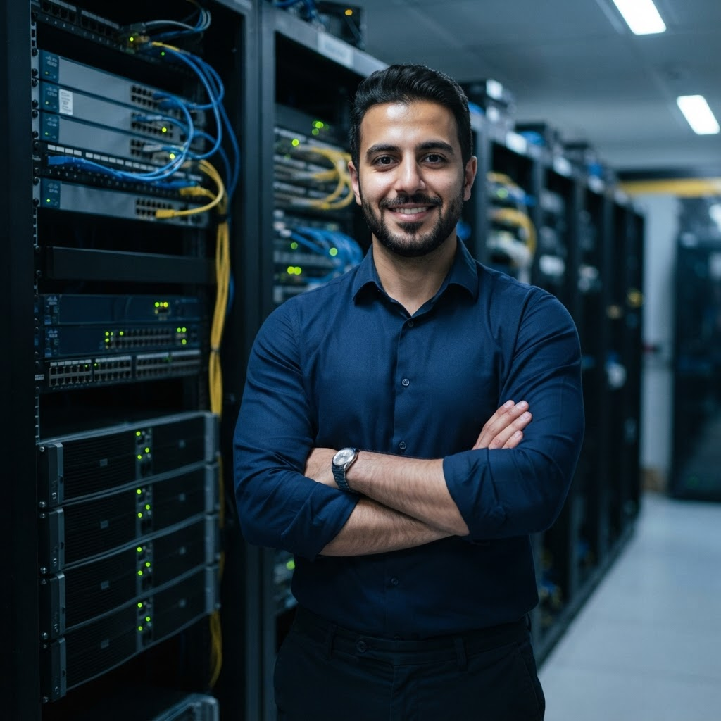 Basheer Mustafa, network engineer, standing in a server room