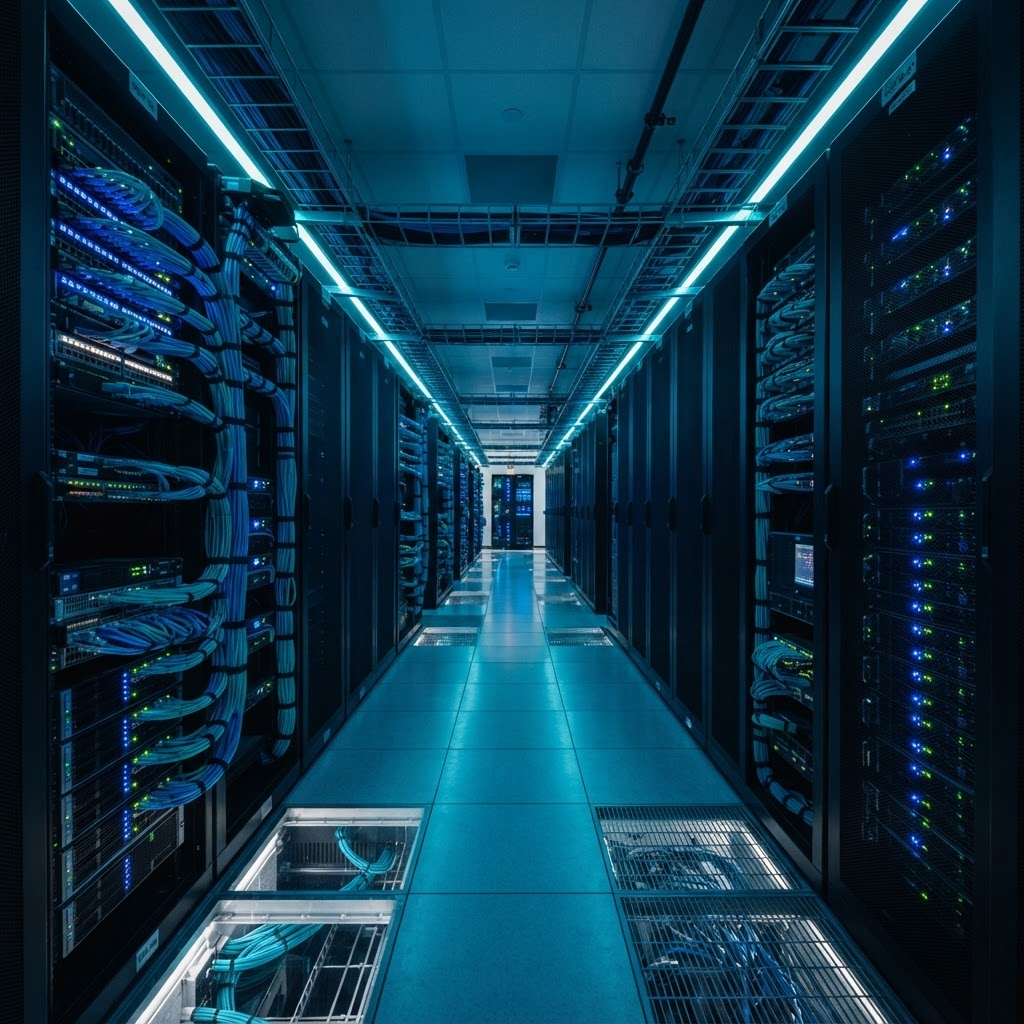 Modern data center aisle with neatly cabled network server racks